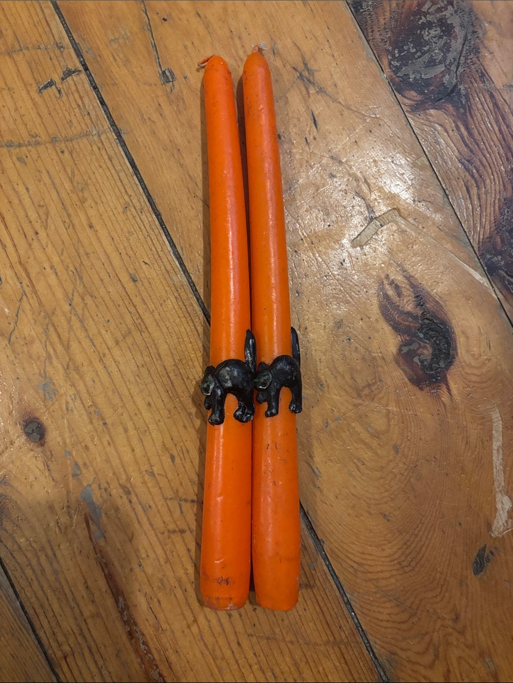 Vintage Halloween Orange Taper Candles Black Cat Candle Rings Set of 2